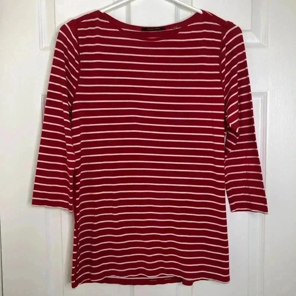 Tahari Long Sleeved Shirt Red & White Striped  Size Medium - Picture 1 of 16